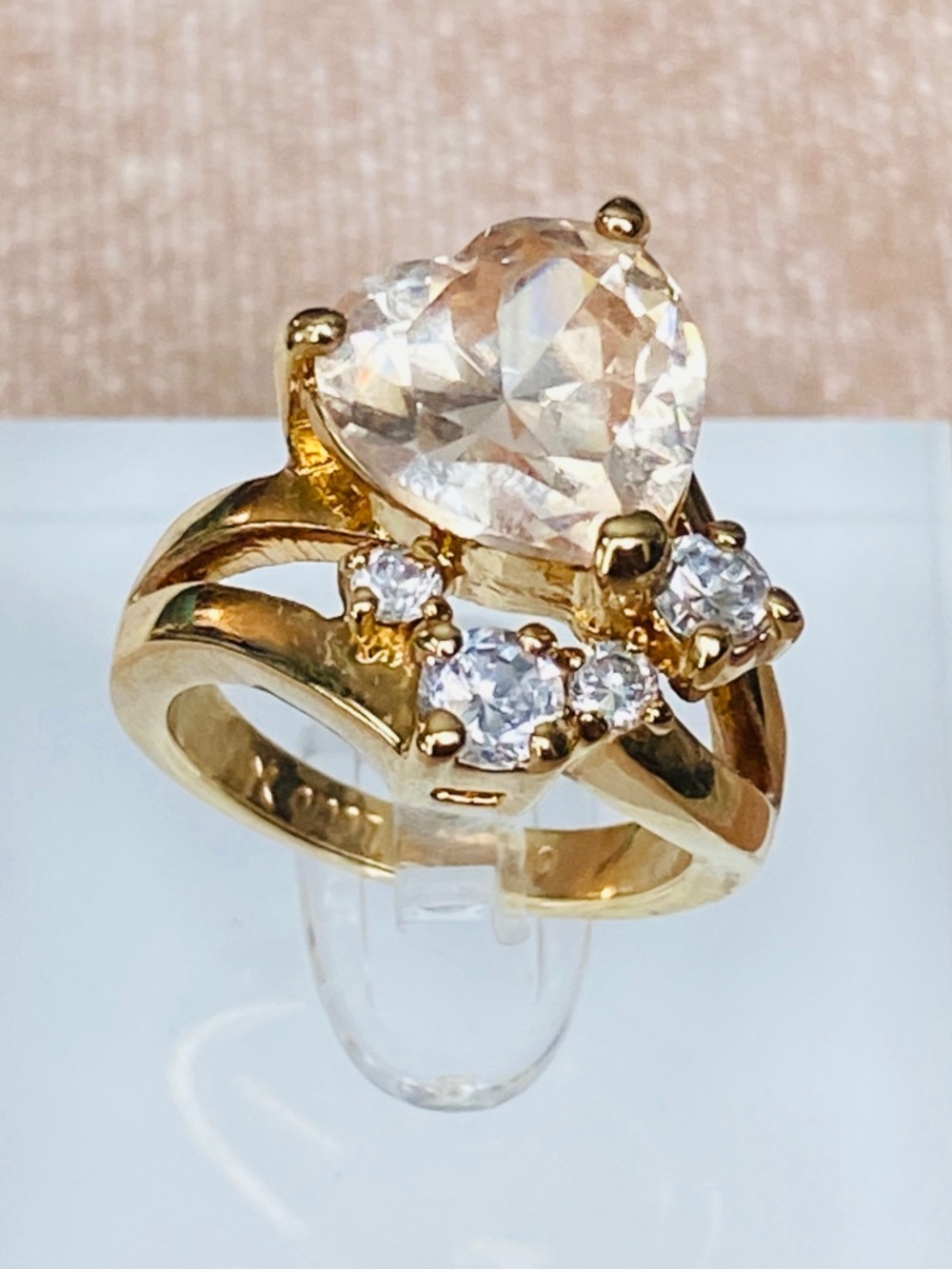 Camille Lucie Gold Tone Champagne Heart CZ Cocktail Ring Vintage Inspired Statem